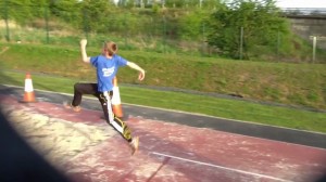 David Stark showing good triple extension (a fancy term for getting your hip high, which is required in all jumps, throws and indeed sprinting,