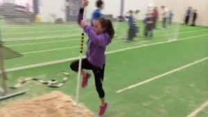 young girl in her first ever pole session, excellent take off (high knee free leg kept straight) 